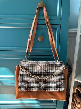 Tweed Flap Shoulder Bag with Tan Leather Trim